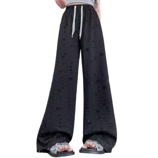 

Women Pants Elastic High Waist Adjustable Drawstring Solid Color Wide Leg Casual Trousers Distressed Holes Design Loose Fit Long чорний