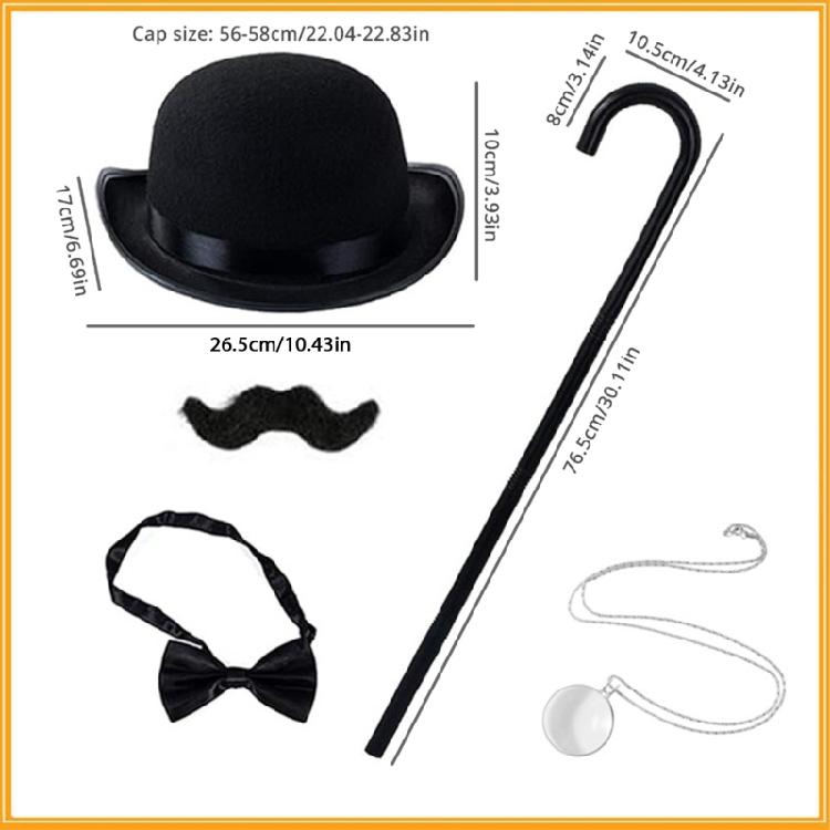 Halloween Monopolys Man Costume Accessories Gentlemen Costume Bowler Hat Mustache Monocle Cane Necktie Rich Man Costume