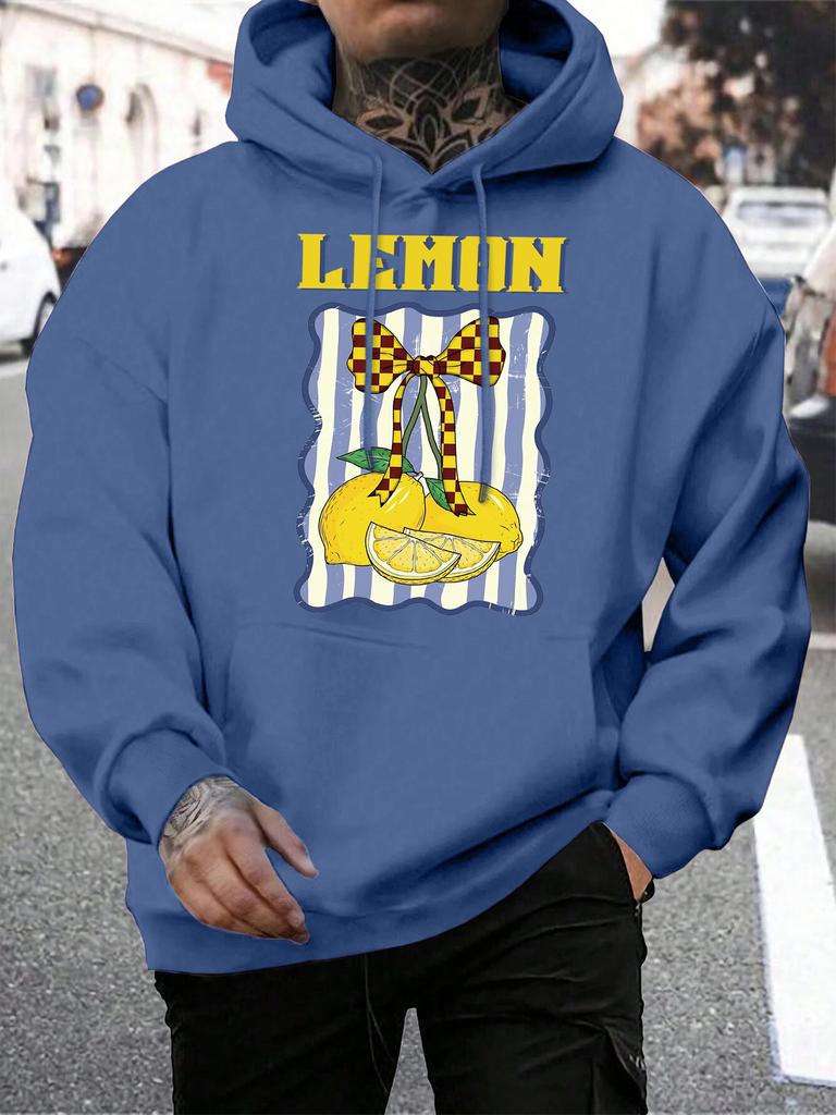 Creative Lemon Fruit Bow Print Men Hoodies Multicolor Pocket Hoodie Fleece Autumn Male Clothing Casual All-Match Streetwear