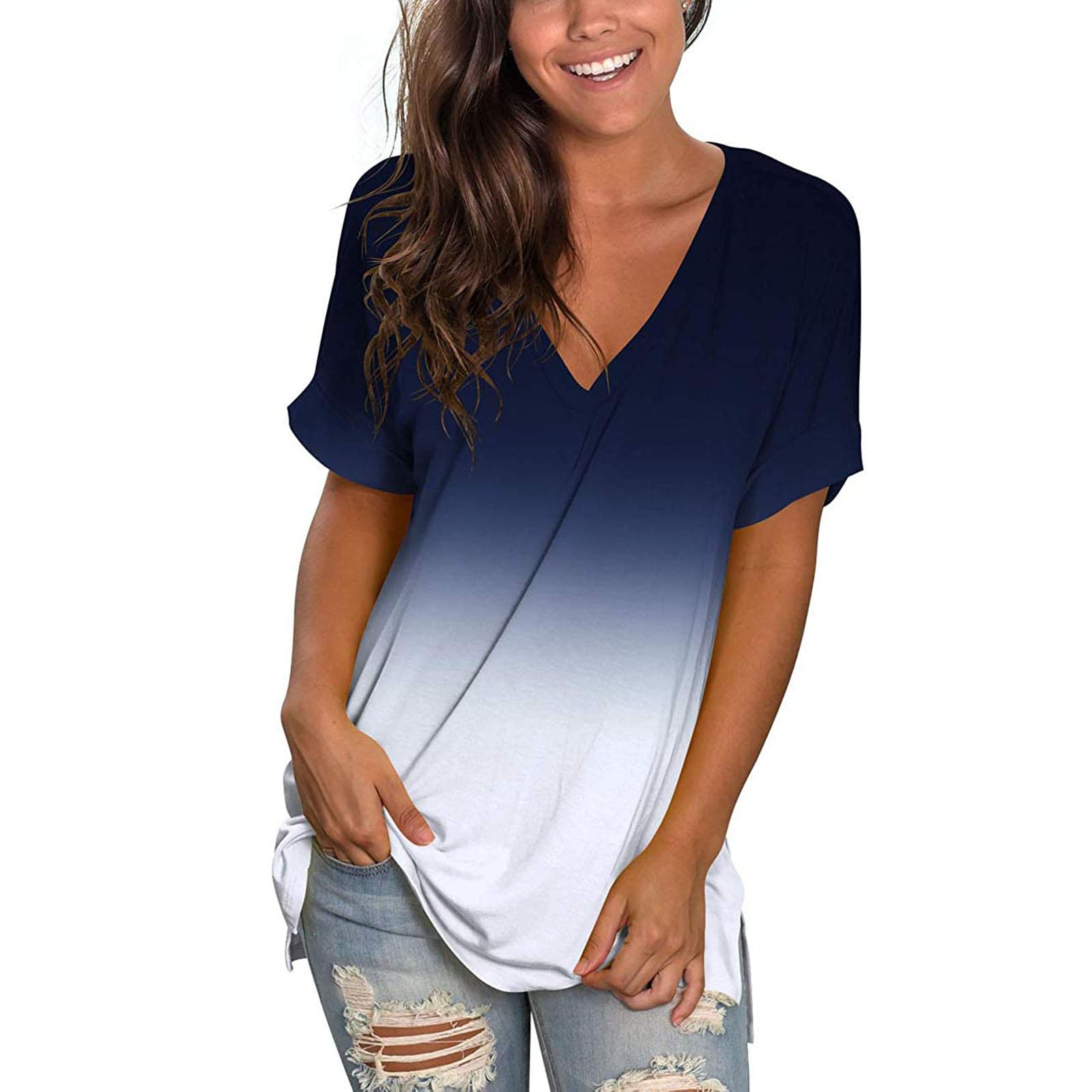 

Футболка с v-образным вырезом, женская летняя повседневная рубашка большого размера с принтом, топ, свободная женская модная футболка, одежда с градиентом, короткая футболка большого размера Y2k 7XL