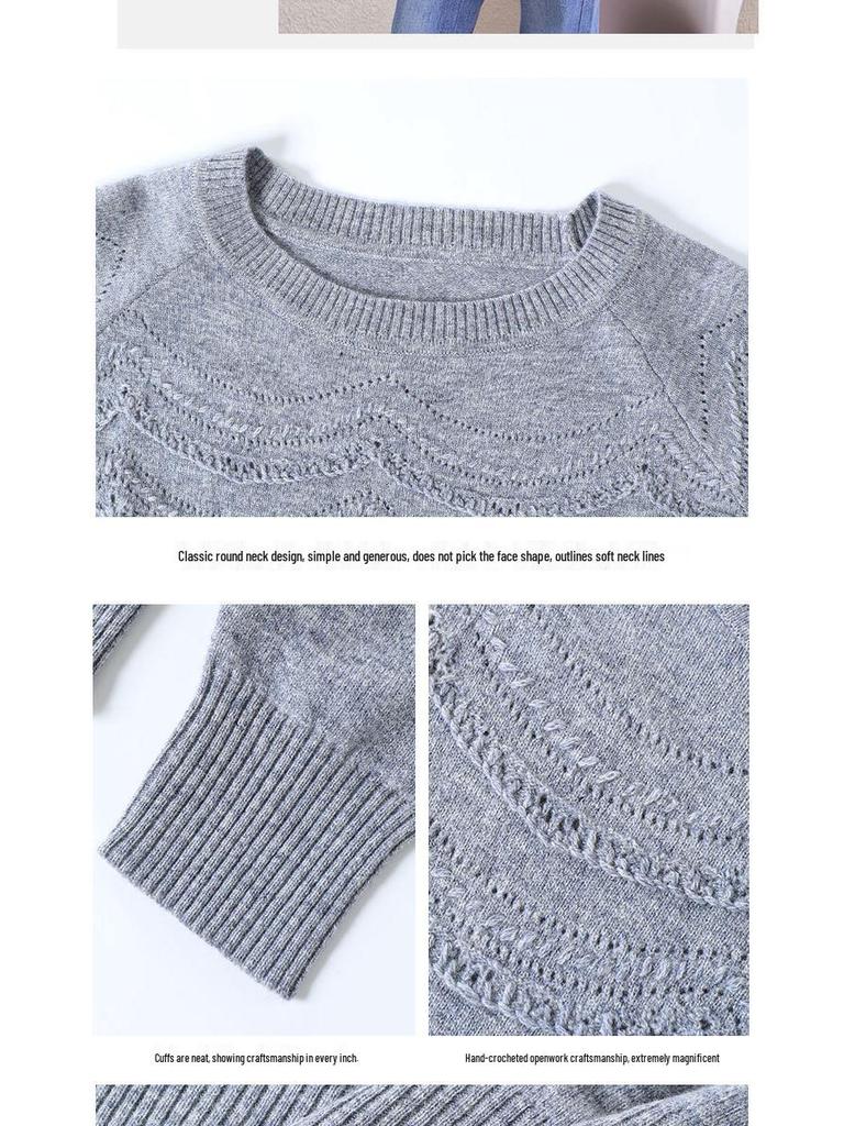 Women's Soft Wool Round Neck Knit Sweater - Versatile, Skin-Friendly, Hand-Crocheted