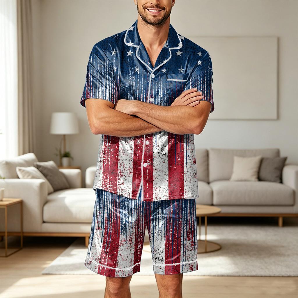 Men's Satin Short Sleeve Pajama Set Two Piece Soft Lightweight Sleepwear with Shorts and Pockets Button Down Top Lounge Suit