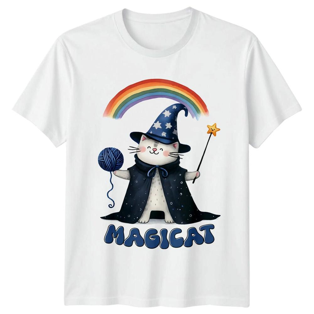 Magical Cat Wizard TShirt Cute Rainbow Stars Funny Cat Tee S