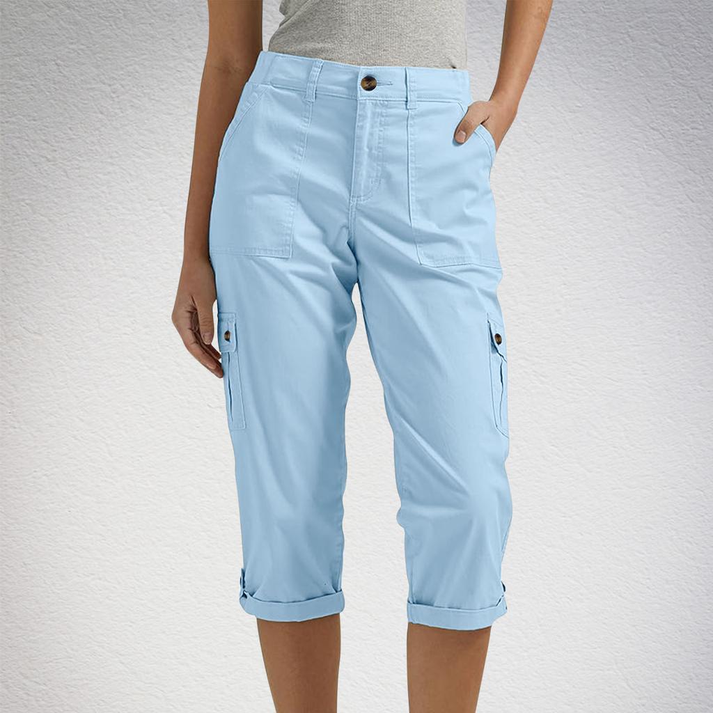 Health Women's Solid Color Outdoor Casual Workwear Multi-Pocket Seven-Length Casual Pants Work Trousers Comfortable Fit