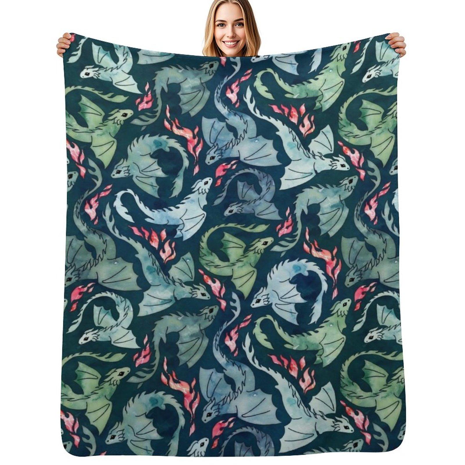 Dragon fire dark blue & green Throw Blanket Luxurious Soft Blanket Holiday Gift for Family Size: 75*100cm, Weight: 230 GSM