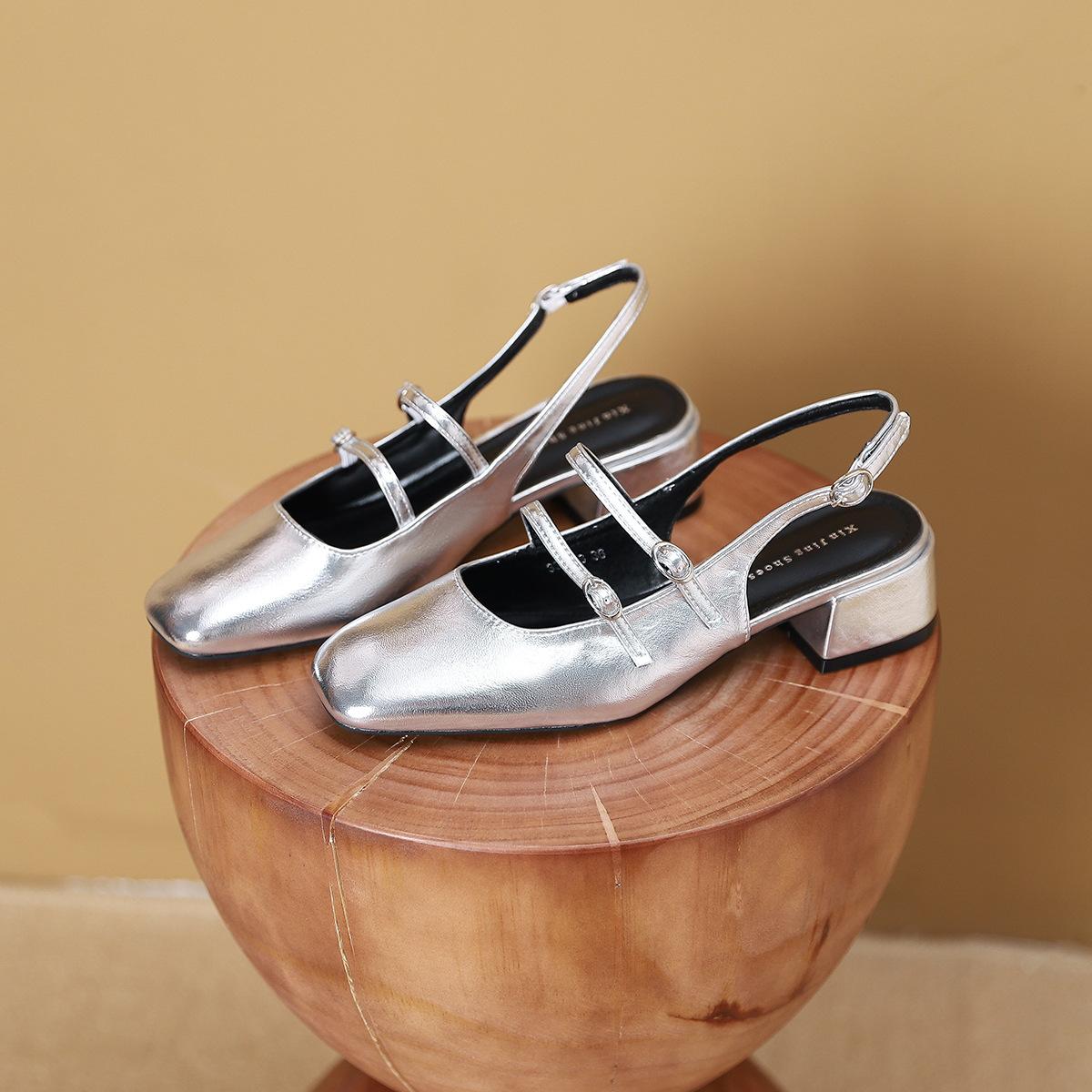 

3368-6 Customized Mary Jane square head mid-heel shoes for women s new retro versatile French thick heel shoes for women 40 серебряный