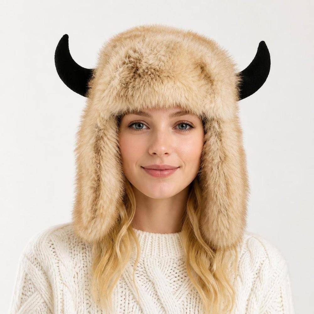 Thick Horn Hat Faux Fur Lined Winter Ski Hat Soft Ear Protection Hat Men