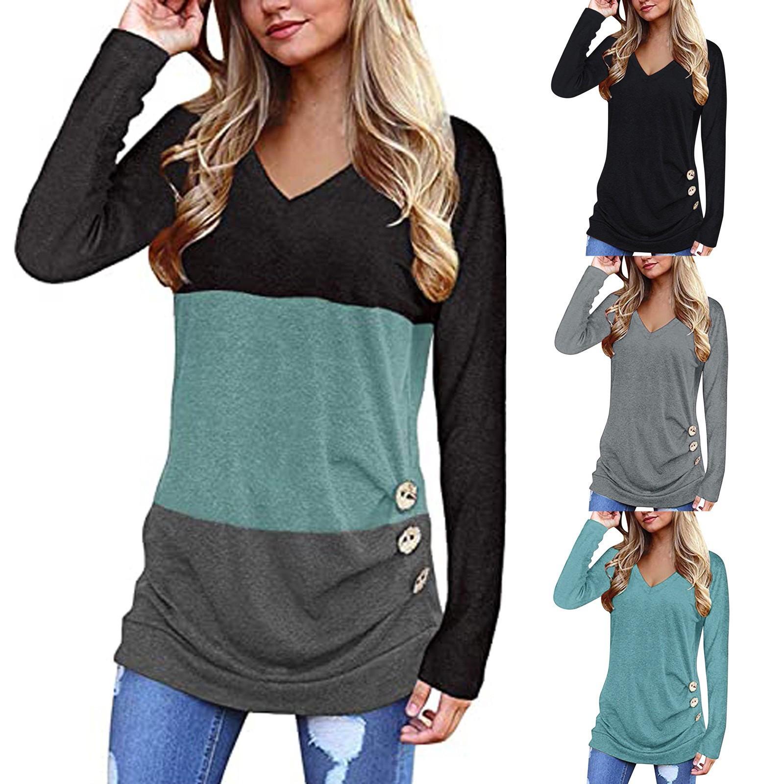 

(SU)Женская блузка с длинным рукавом и свободной отделкой на пуговицах, лоскутная туника с v-образным вырезом, пуловер, топы