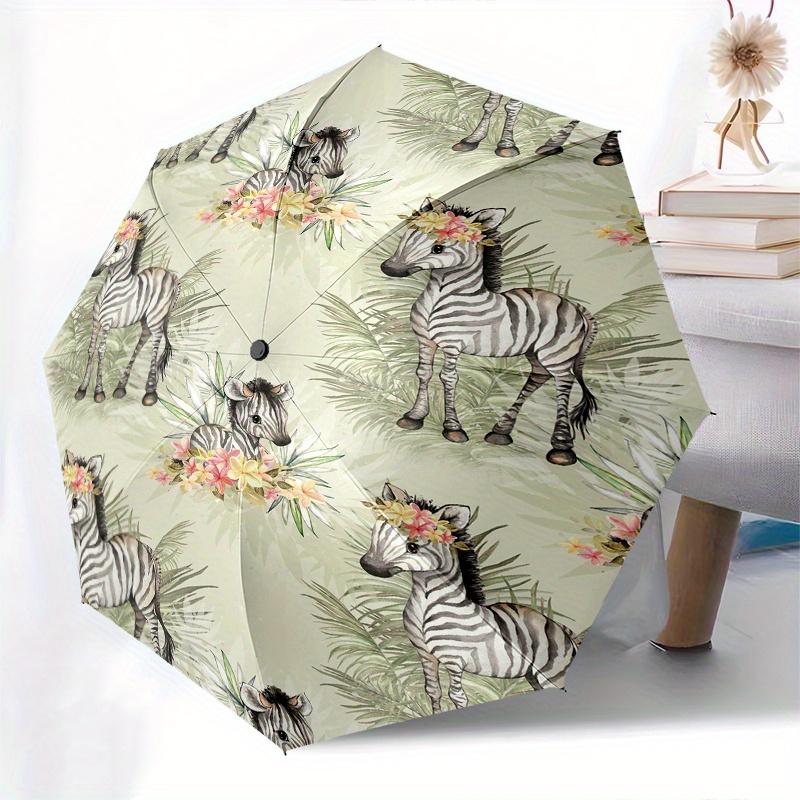 Zebra Floral Pattern Automatic Folding Umbrella 8 rib Lightweight Design, Durable Iron Frame, Compact and Portable, Perfect Gift for Birth