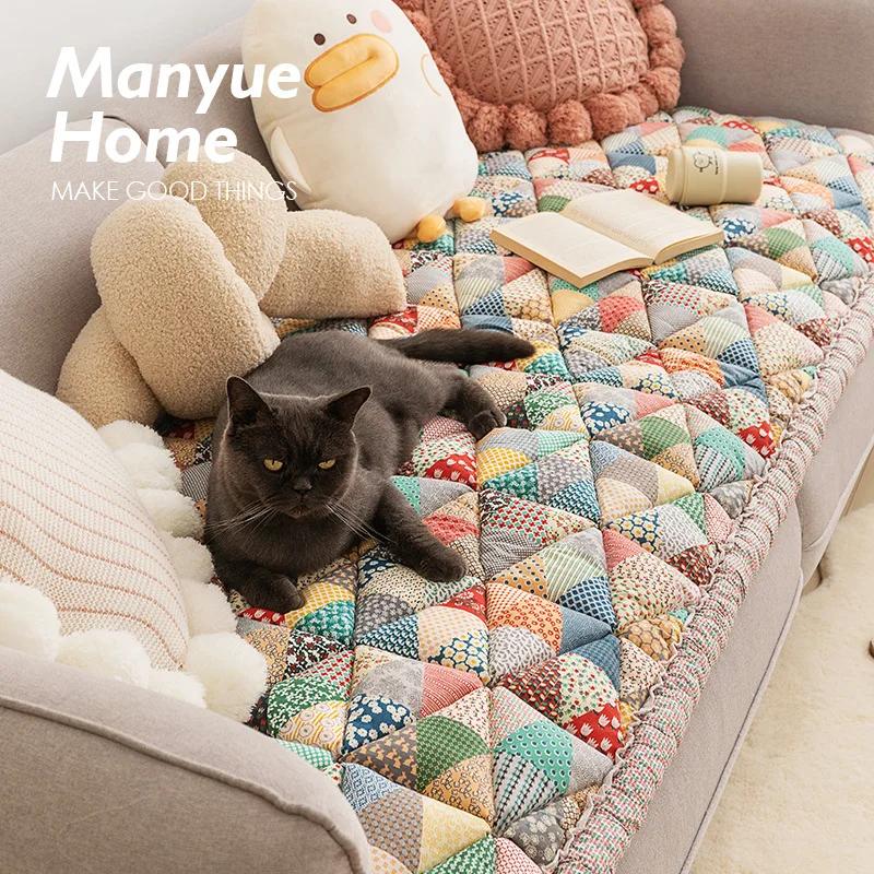 New Pure Cotton Non-slip Sofa Cushion Retro Pastoral Style Sofa Cushion Colored Anti Slip Thickening Anti Cat Scratch Sofa Cover