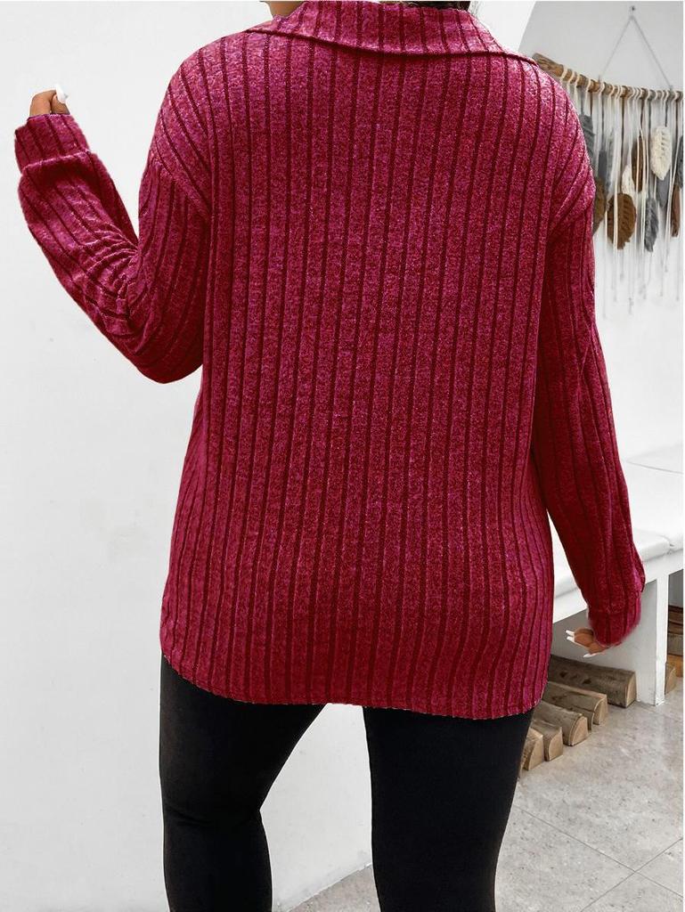 2025 Autumn/Winter V-Neck Long Sleeve Plus Size Women's Ribbed T-Shirt