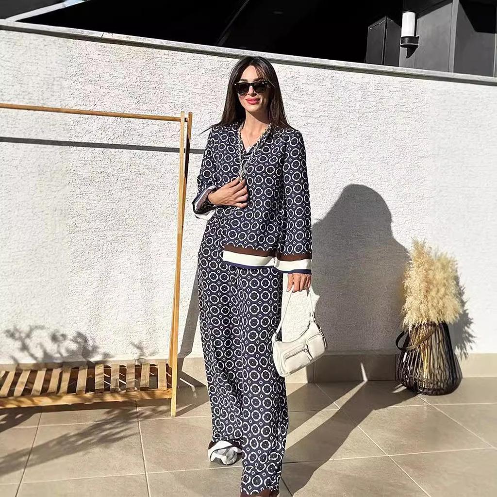 New European-American Fashion: Printed Long Sleeve Shirt & High Waist Pants Two-Piece Set for Women