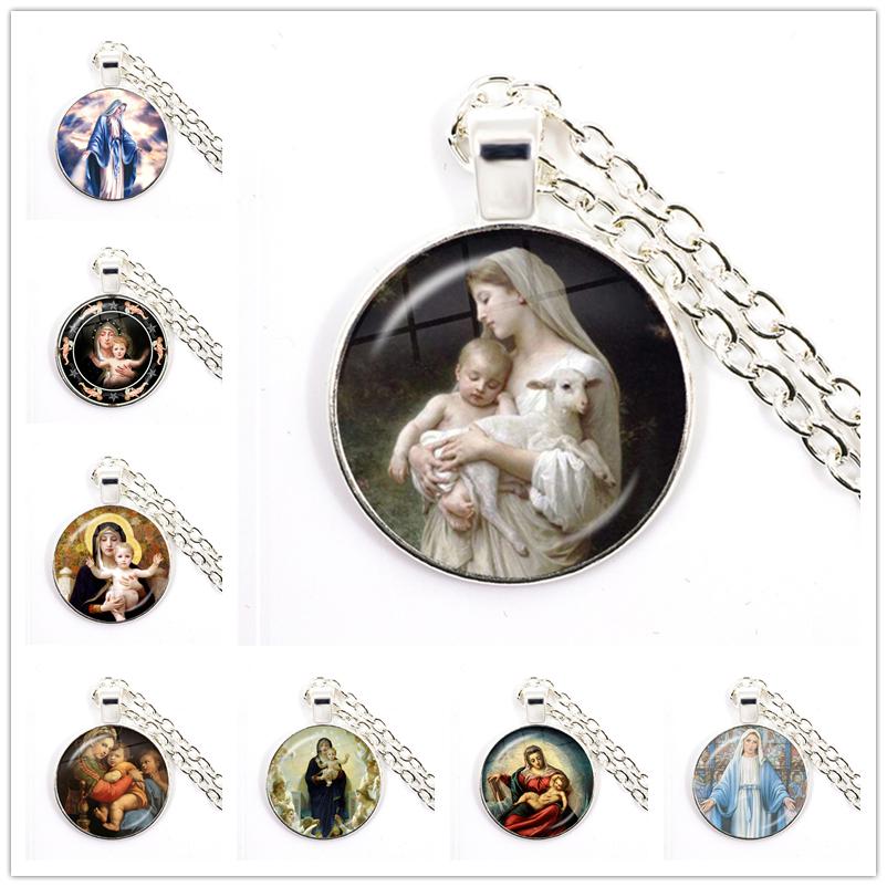 Virgin Mary and Baby Jesus Christian Catholicism Jewelry Necklace Blessed Mother Religious Art Glass Cabochon Dome Pendant Gift