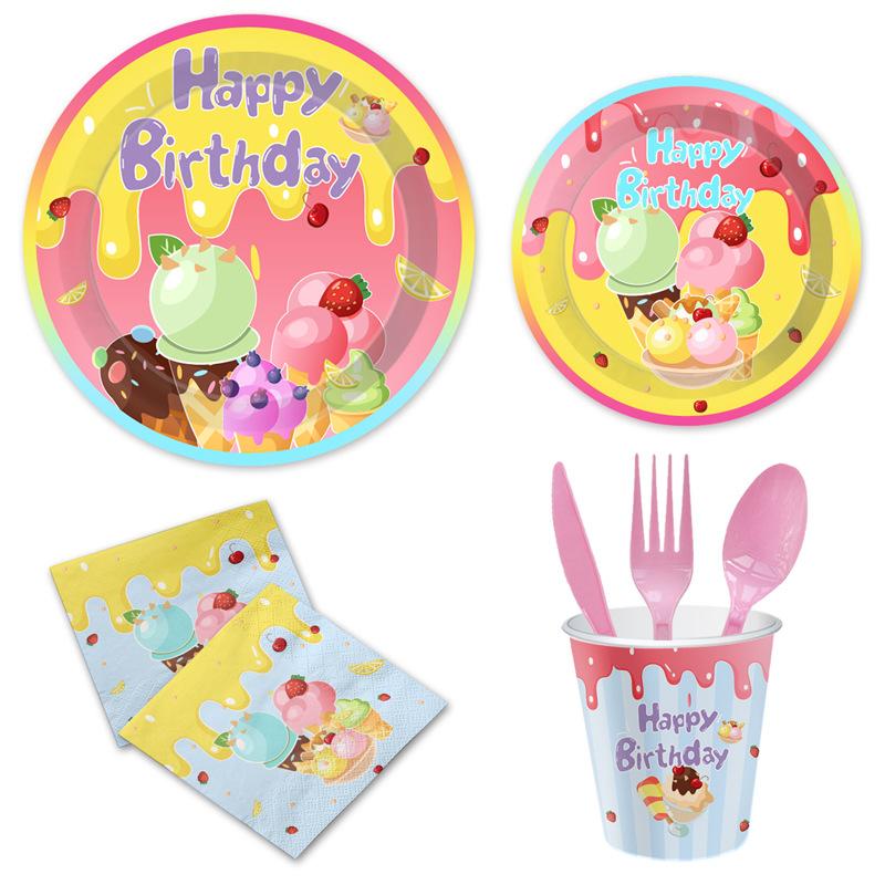 Dessert Ice Cream Party Tissue Decoration Summer Disposables Flag Paper Plate Paper Cup Tableware Arrangement Set