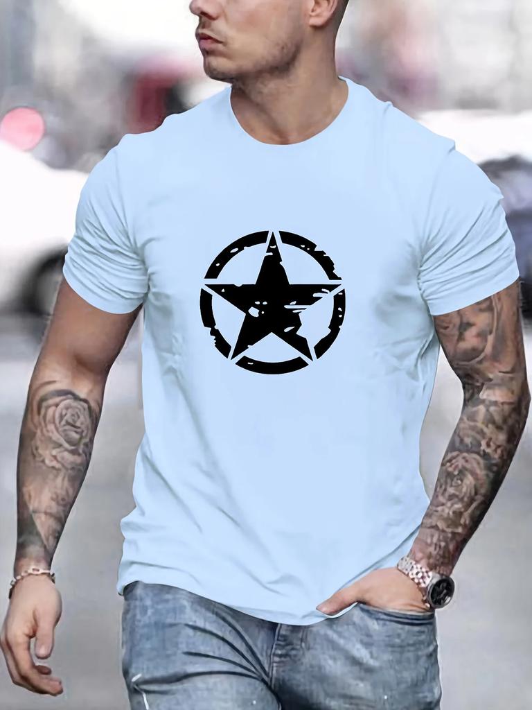 Summer Mens Cotton Comfortable Casual Loose Oversized Star Logo Graphic Printed Sports Round Neck Short Sleeved Tshirt