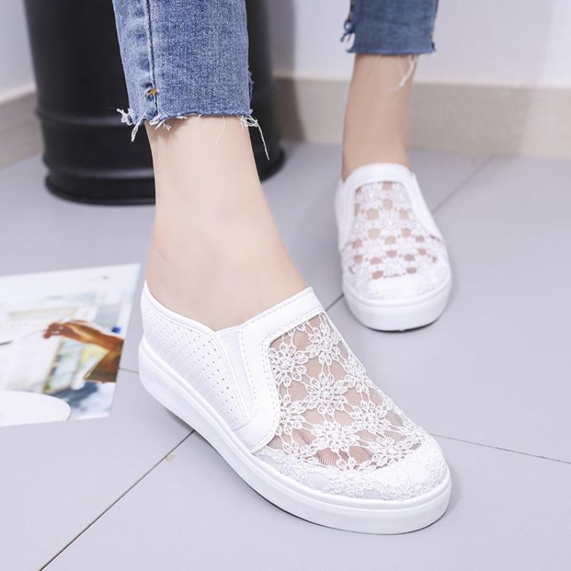 2024 Summer New Lace Mesh Breathable Baotou Half Slippers Femaleinternal Height Increase Wedges Small White Slides Women Sneaker