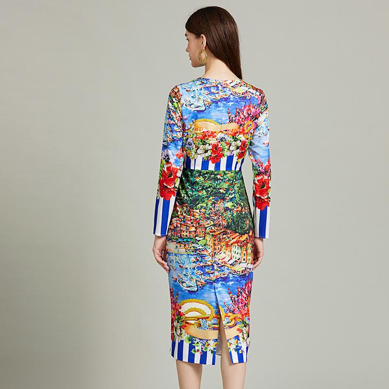 Neue Mode Urlaub Blume Bleistift Kleid Frauen Kleidung Langarm O-Ausschnitt Gestreiften Blumendruck Split Midi Kleider