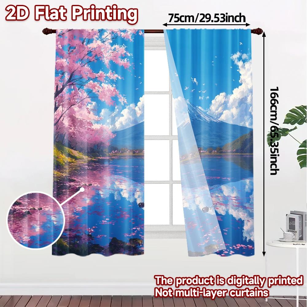 2pcs   2D FLAT PRINTING Curtains (Without Rod) Sakura Reflection Pattern Modern Curtains Fabric Curtains Holiday Use for Bedroom