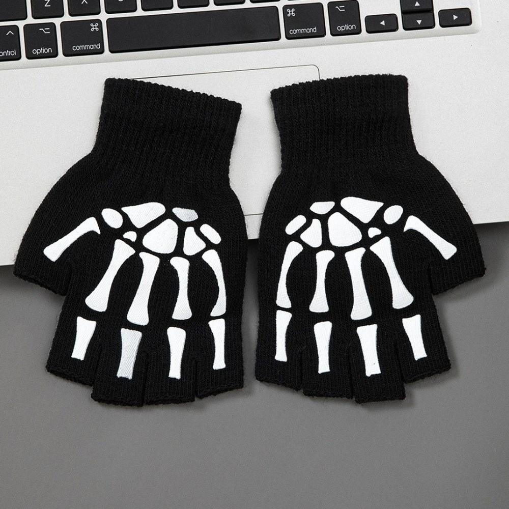 Black Halloween Skeleton Gloves Knitted Skull Half Finger Gloves Punk Skeleton Gloves  Moto Riding