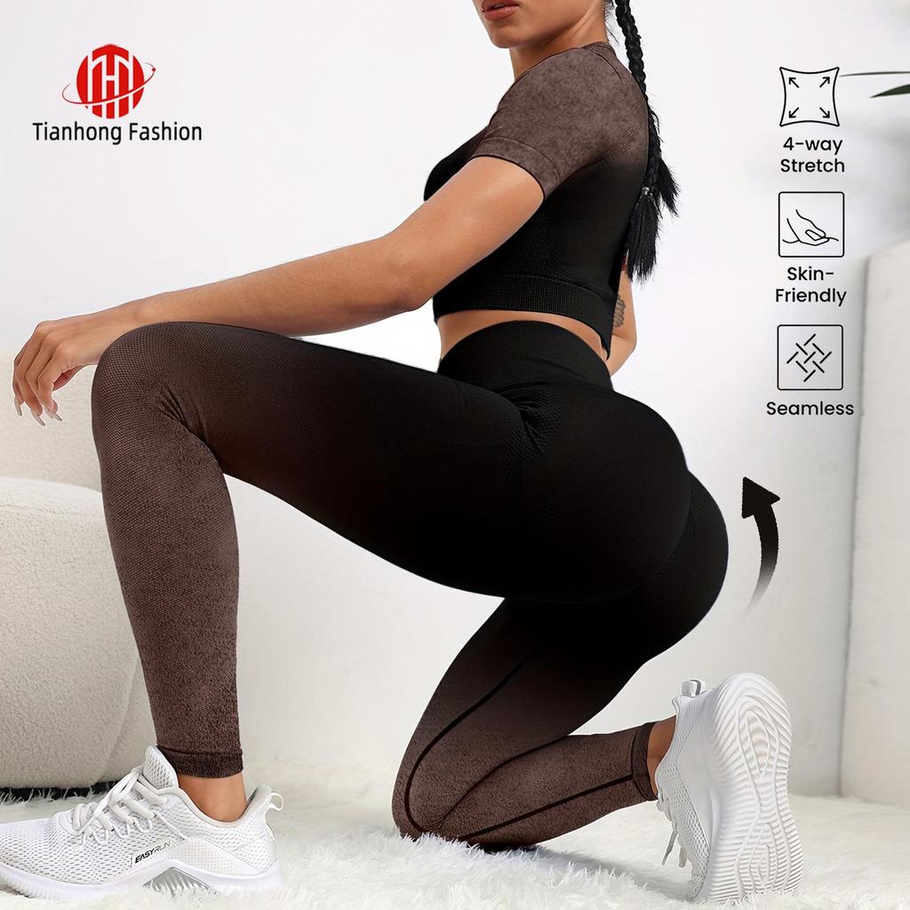 Zestaw do jogi bez szwu: Top z krótkim rękawem i legginsy podnoszące biodra dla kobiet