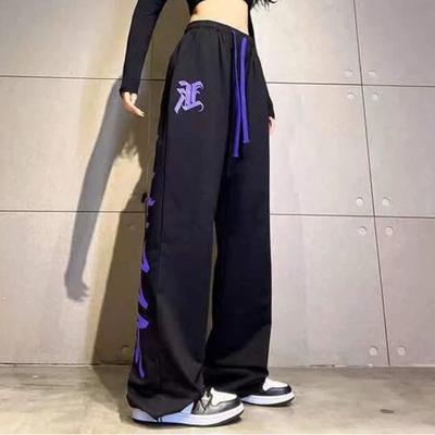 Korean Women's Spring Autumn New Patchwork Elasticized High-waisted Drawstring Pocket Letter Fashion Loose Casual Pants