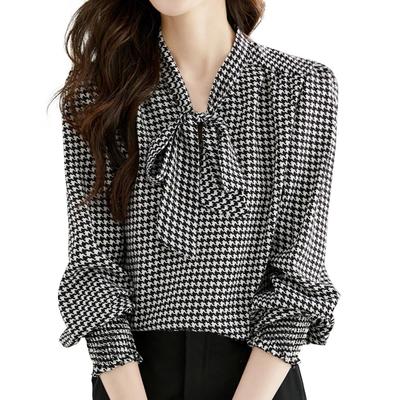 Bidason Houndstooth Long Sleeve with and Elegant Puff Loose Perfect for Everyday and Winter Women's Blouse, Ribbon, Stylish, Elegant, Cute, Sleeves,