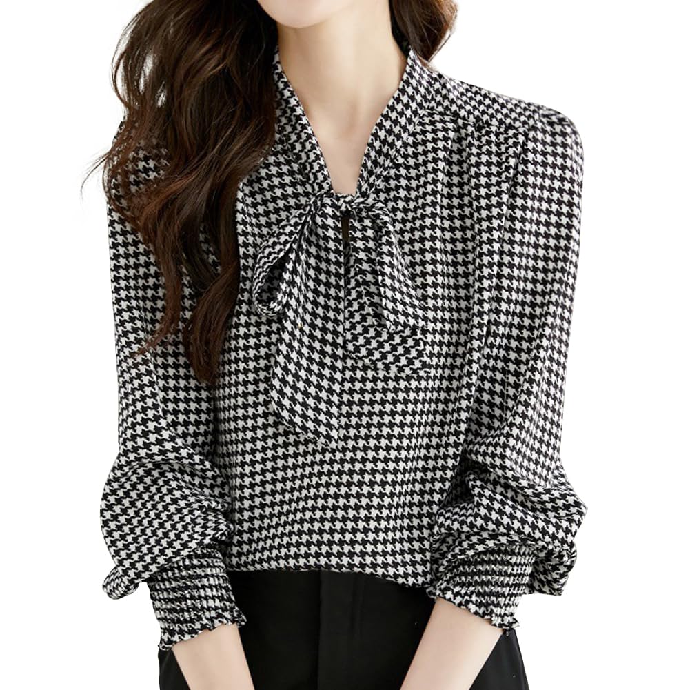 Bidason Hahnentritt Langarm mit und Elegant Ballonärmel Locker Perfekt für Alltag und Winter Damenbluse, Band, Stilvoll, Elegant, Niedlich, Ärmel,