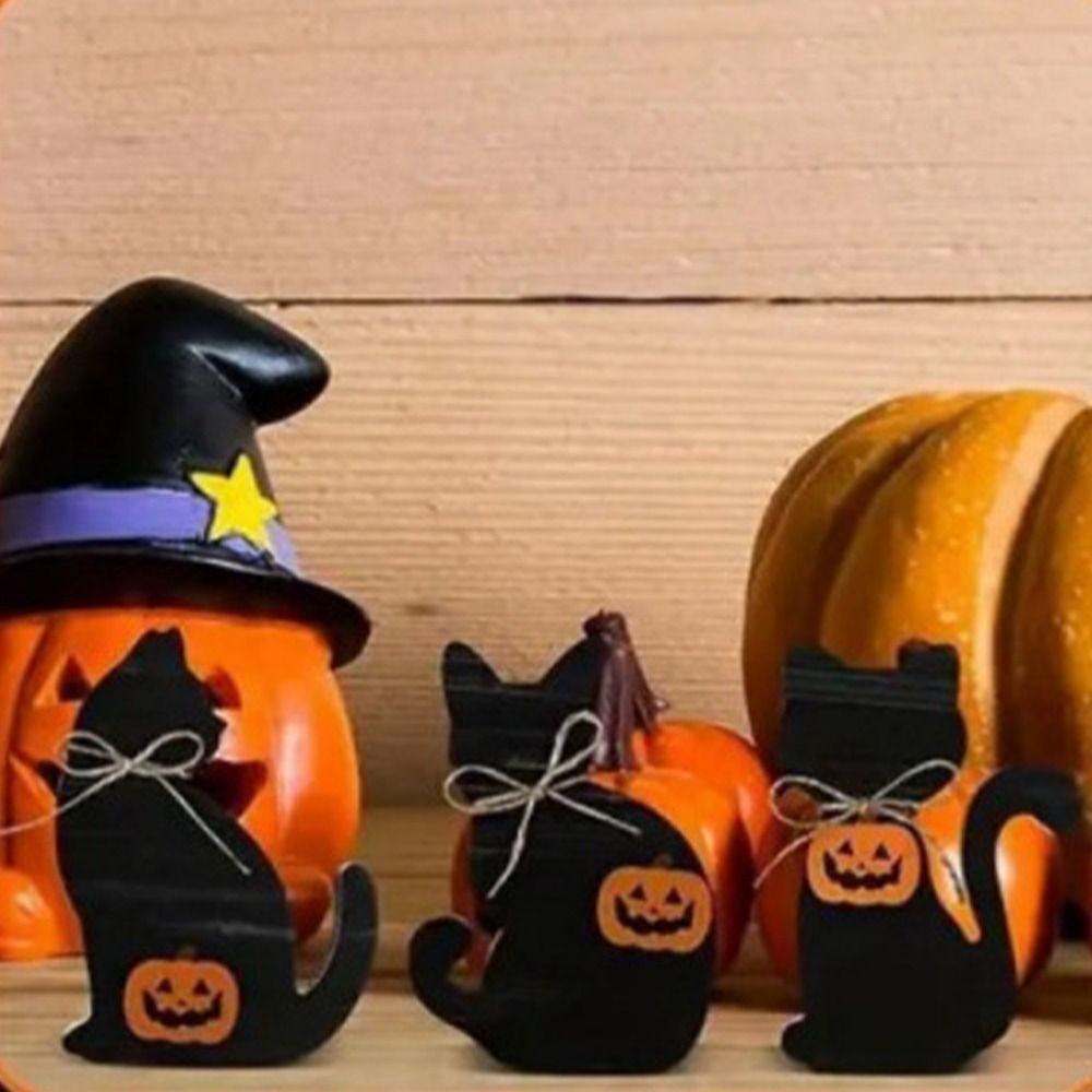 3pcs Atmosphere Decoration Wooden Halloween Black Cat Ornament Cute Decorative Cat Sculpture Vivid Animal Statue Farmhouse