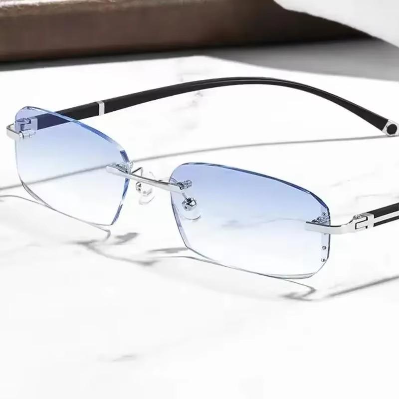 Herrenmode Brille Elegant Randlos Retro Stil PC Rahmen, Trendige Flache Gläser Anti Blaulicht Halbrahmen