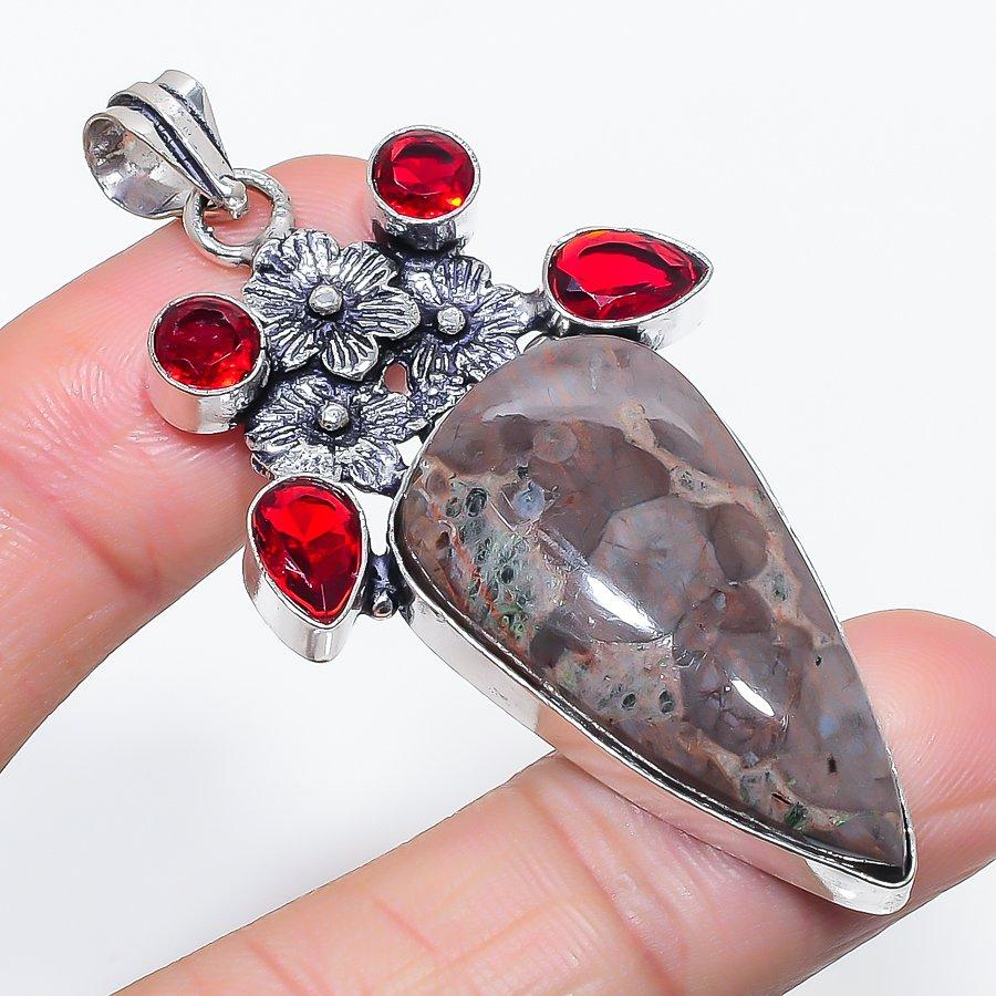 Natural Mud Crack Fossil, Garnet 925 Sterling Silver Jewelry Pendant 2.56" w0g38