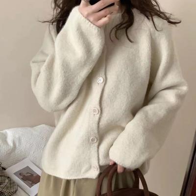 Small Fresh Solid Color Knitted Cardigan for Women's New Spring and Autumn with Loose Lazy Style Round Neck Shoulder Jacket for Women