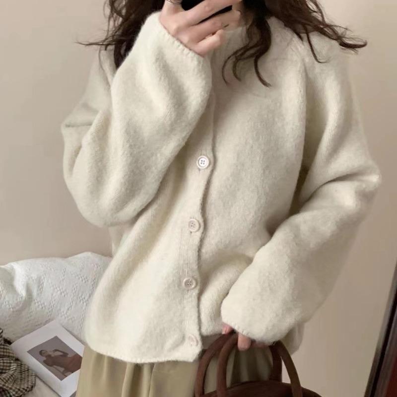 Small Fresh Solid Color Knitted Cardigan for Women's New Spring and Autumn with Loose Lazy Style Round Neck Shoulder Jacket for Women
