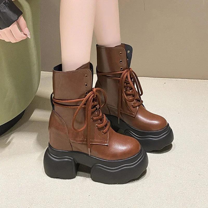 Fashion 2025 New 11cm Women Ankle Boots Platform Mid-Calf Motorcycle Women Shoes Boots Autumn Winter Warm Non-slip Female Short Boots
