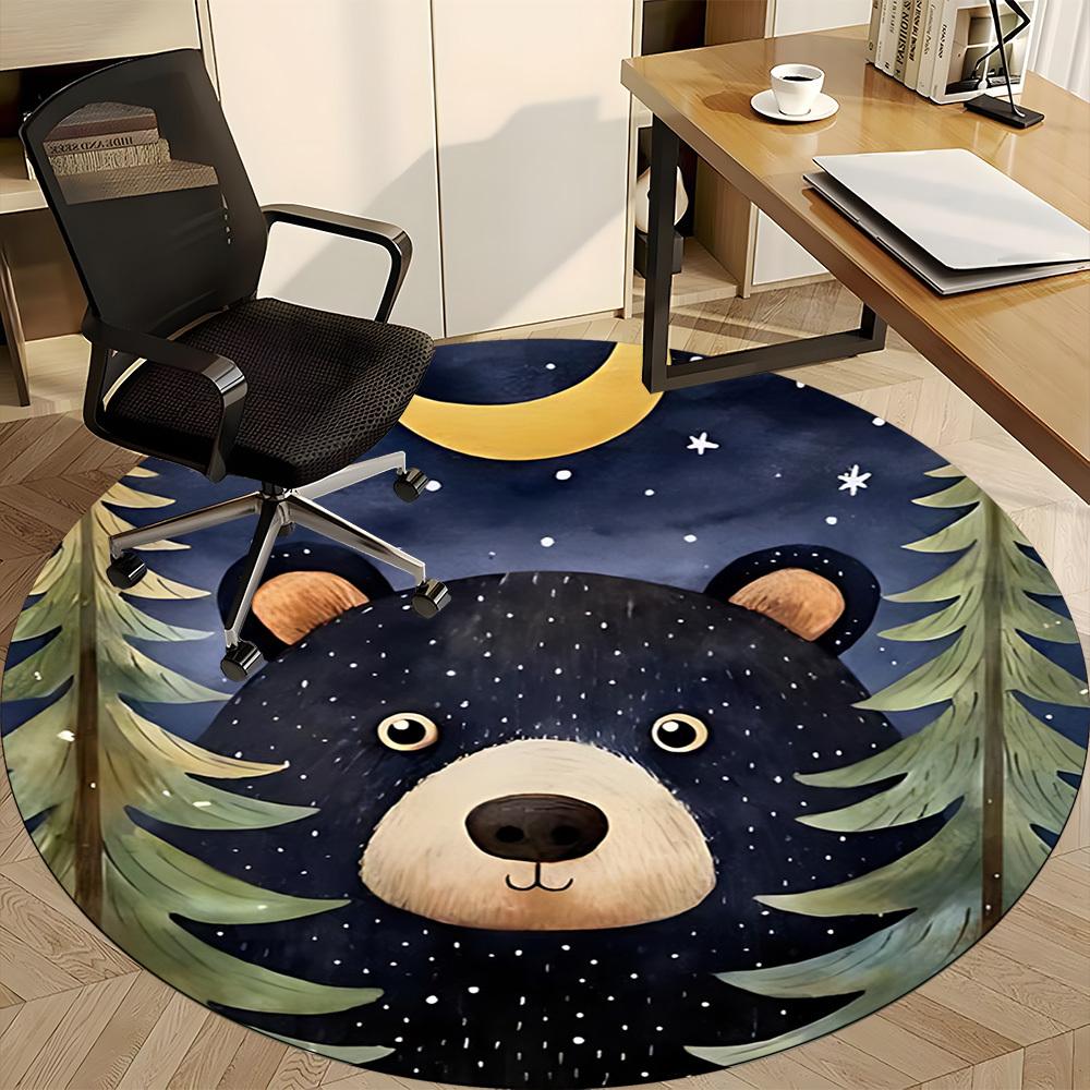 1pc Bear Night Office Round Area Rug, Indoor Mat Suitable ForOffice, Under Office Chairs Bedroom Living Room Home Decor, Room Deco T076