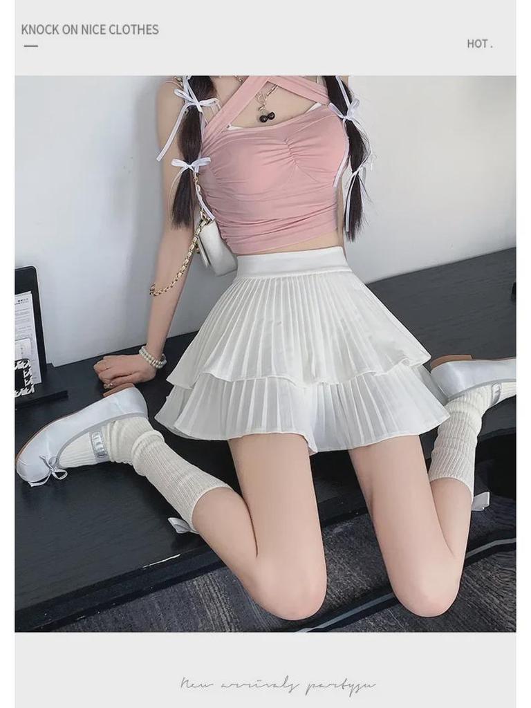 2025 Summer Korean Style Women's Petite Pleated Midi Skirt with Elastic Waist and Slimming Fluffy Design