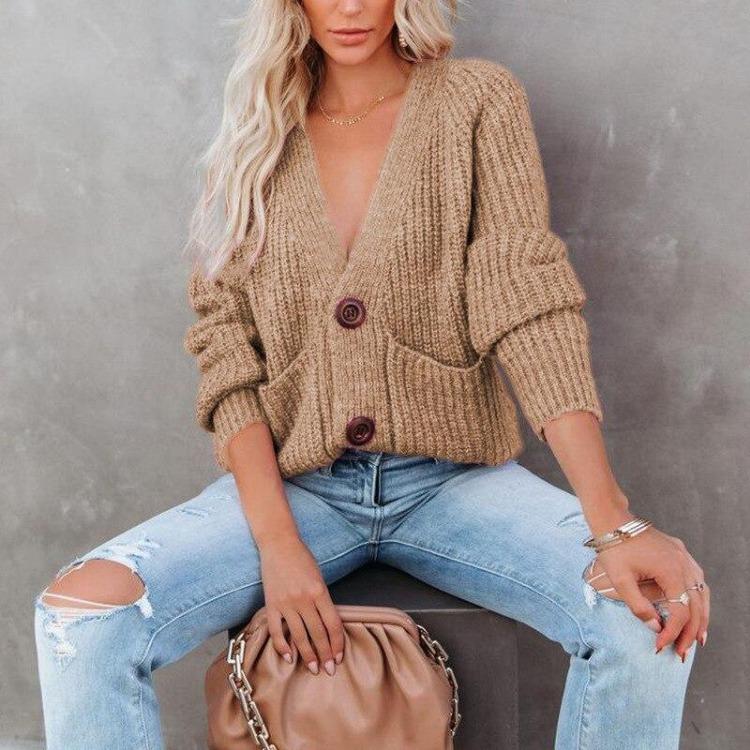 V-Ausschnitt Uni Cardigan Pullover Jacke mit langen Ärmeln für Herbst und Winter Einreiher Oberteil