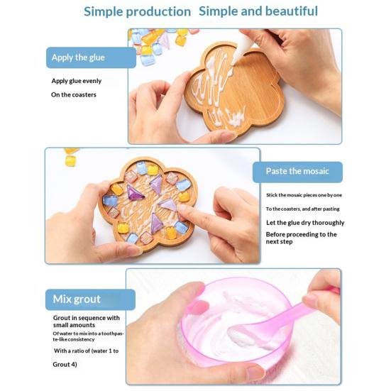 Yousheng 1 Set DIY Mosaic Tile Coaster Set Mixed Color Mosaic Kit with Wooden Coaster Kids Adults Handmade Mosaic Crafts Coaster with Accessories