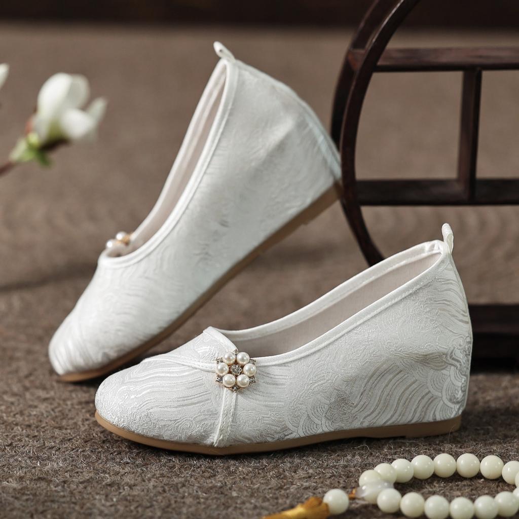 Wedge heels, single shoes, Chinese national style cheongsam, Hanfu with horse dress, ancient clothing, solid color, plain cloth shoes, women's shoes