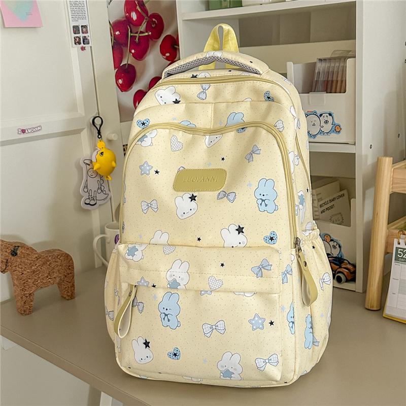 Cute Bear and Bow Print School Backpack with Multiple Front Pockets Casual Daypack for Girls