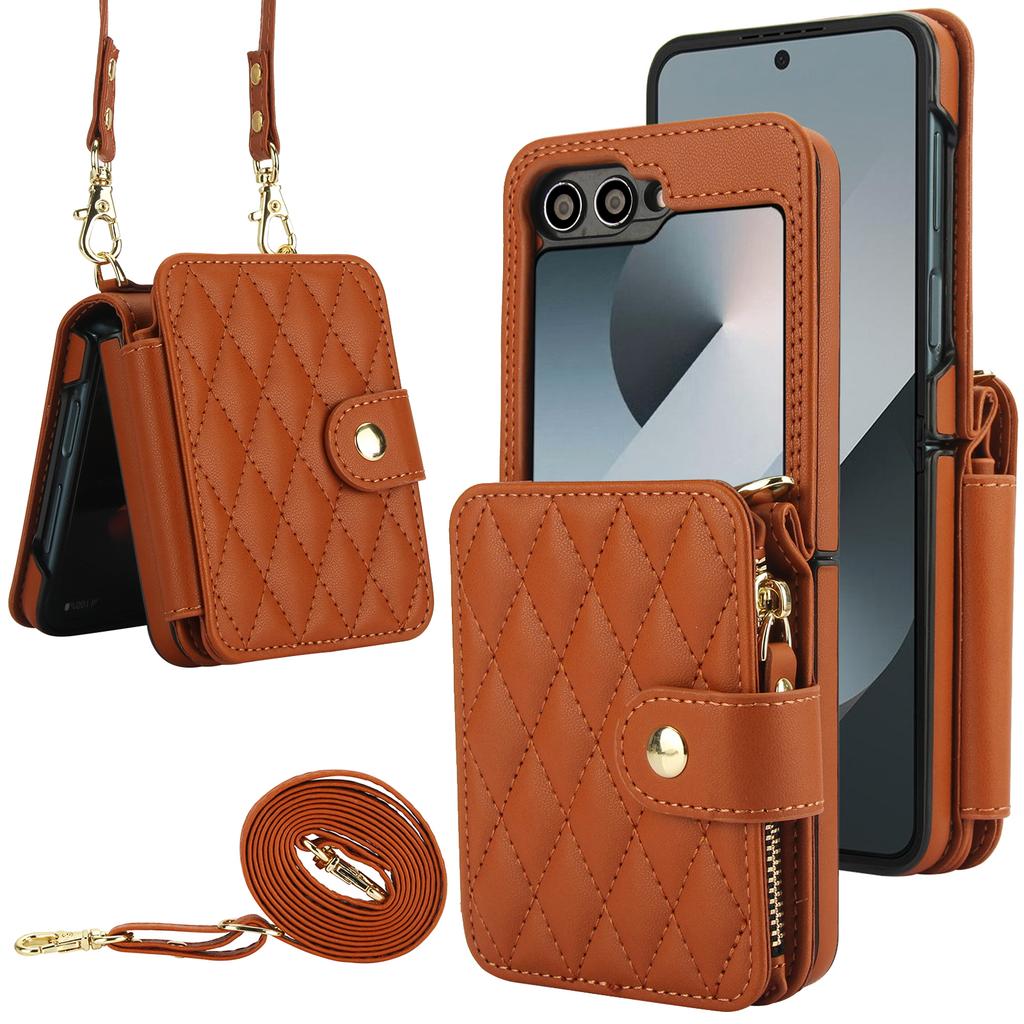 Crossbody Zipper Cards Solt Wallet Leather Case for Samsung Galaxy Z Flip 7 FE 6 5 4 Grid Pattern Flip6 Flip5 Long Lanyard Cover