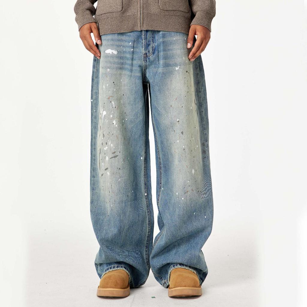 Ink Splatter Men's Straight Loose Wide-Leg Retro Jeans