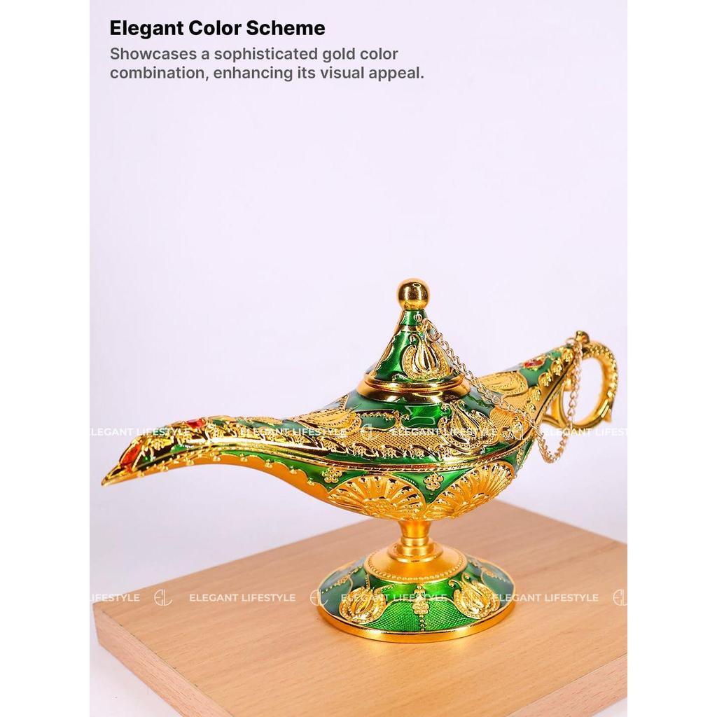 Vintage Aladdin Chirag Lamp-Luxurious Metal Jewelry Box,Decorative Showpiece,Home & Office-12 cm(Gold-Green)