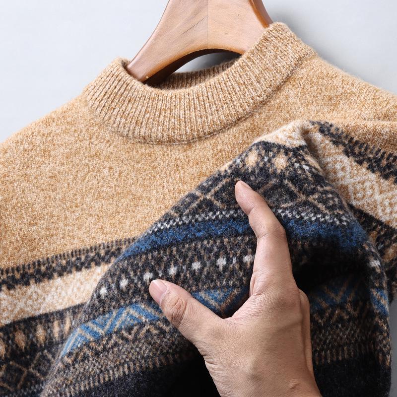 530g Thickened 100% Wool Men's Sweater, Autumn/Winter 2025, Round Neck Striped Knitwear