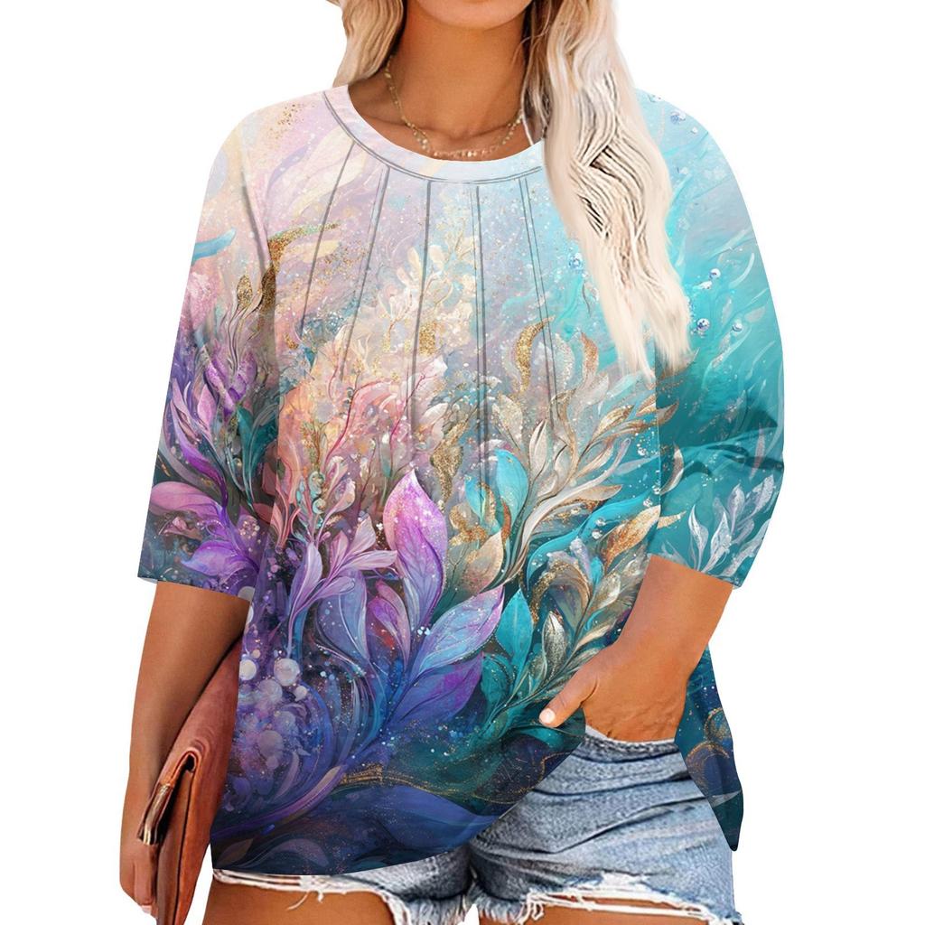 Women's Print Round Neck Plus Size Tops 3/4 Sleeves Elegant Shirt Tops