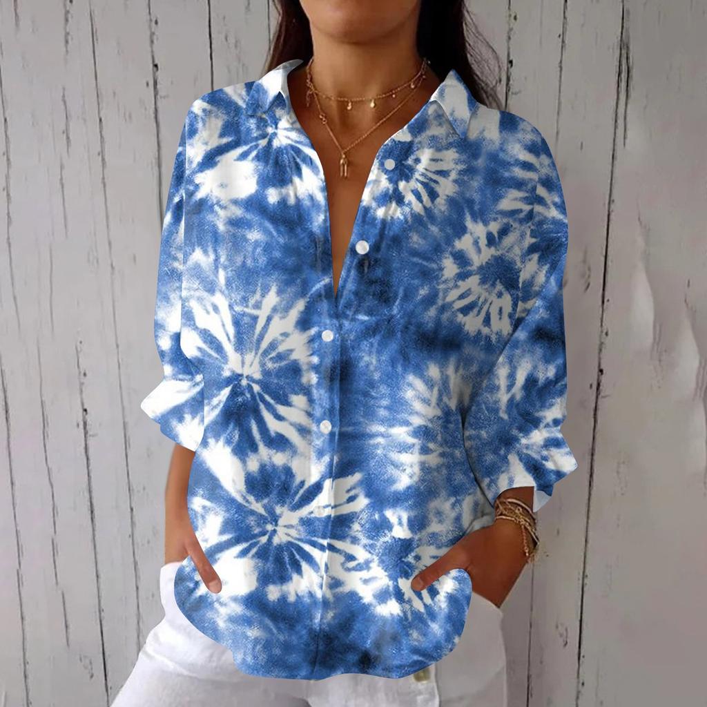 Women's Fashion 3/4 Sleeve Casual Lapel Back Tie-Dye Floral Print T-Shirt Top