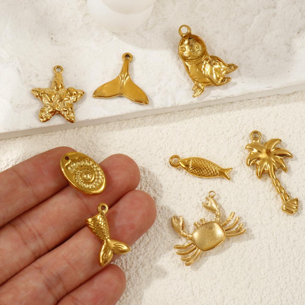 2 Pcs 304 Stainless Steel Ocean Charms 18K Gold Plated Starfish Conch Seal Coconut Tree Pendants For DIY Necklace Jewelry Making