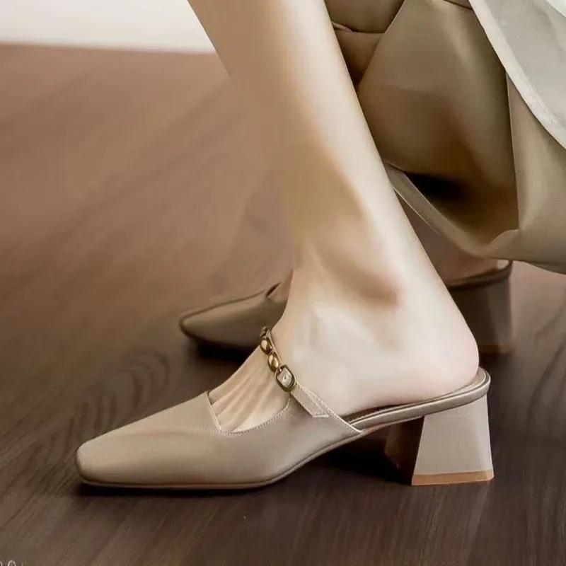 Fashion Elegant Women Slippers Square Toe High Heels Shoes Summer Mules Shoes 2025 New Sandals Designer Woman Pumps Fashion Sandalias