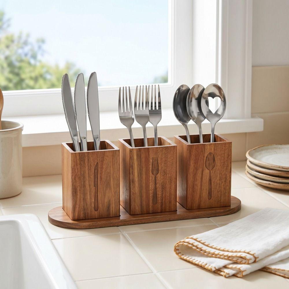 Space Saving 3 Compartment Cutlery Holder Wooden Flatware Organizer  Farmhouse