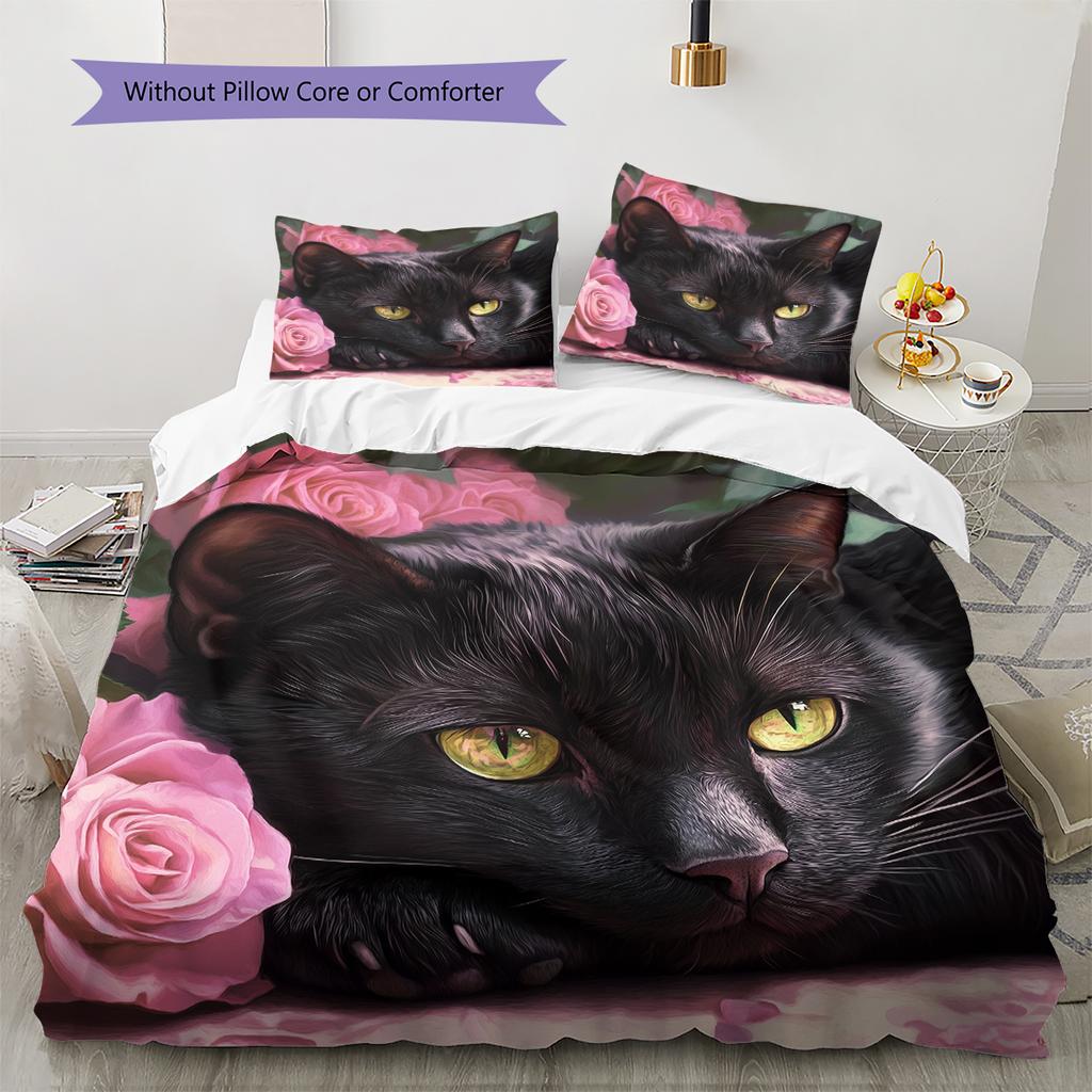 Bombay Cat and Rose Pattern Bedding Home Decoration Birthday Gift (1 * duvet cover + 2 * pillowcase, without core)
