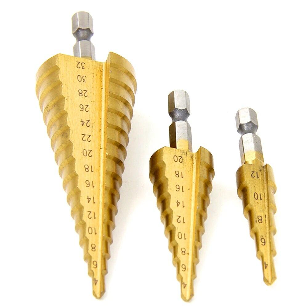 4-12/4-20/4-32mm Hexagonal Straight Groove Titanium Plated Ladder Drill 3pc Pagoda Drill Bit Electric Tool Accessory Set